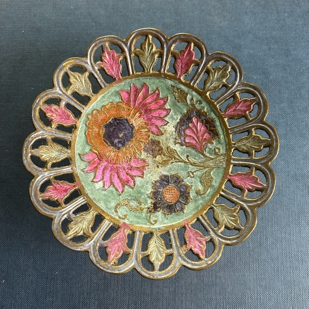 Vintage 5 In Closseine Pedestal Trinket Dish Lace Edge Orange Blue Green